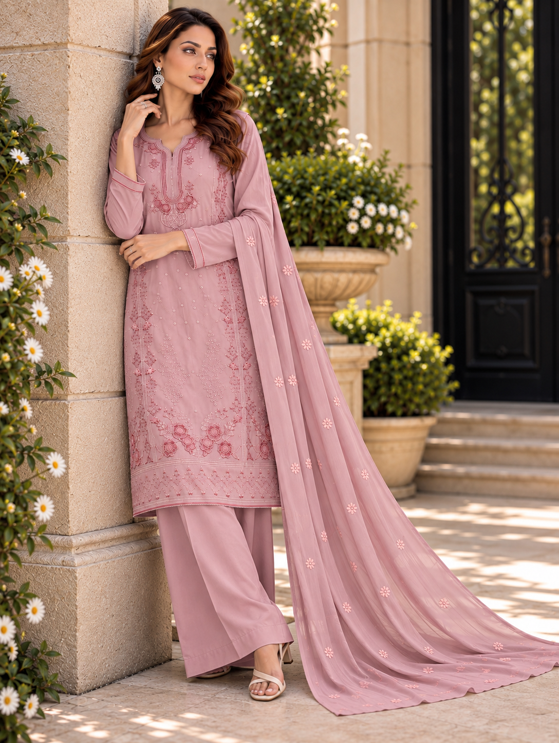 (360) Abeeha light pink Viscose Floral Embroidered Suit 
A beautiful blend of comfort and elegance, soft viscose kameez with delicate floral embroidery, paired with a stunning Bamber dupatta