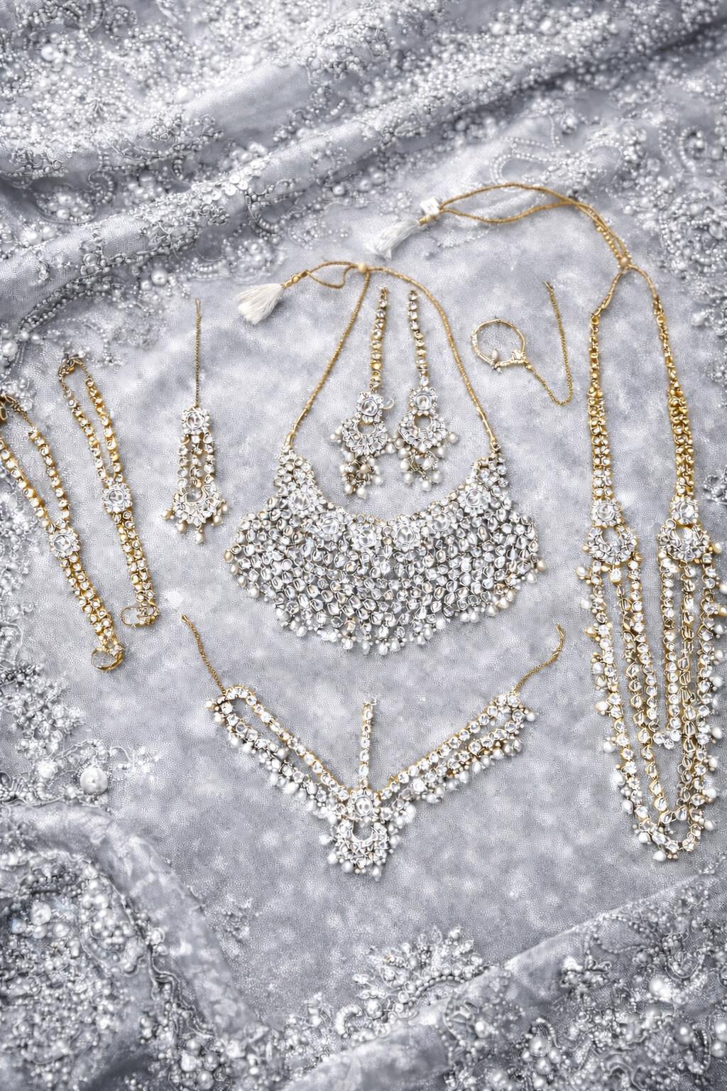Pakistani  stone work wedding party set nose ring hand jewelry long necklace and necklace tikka earrings matha patti