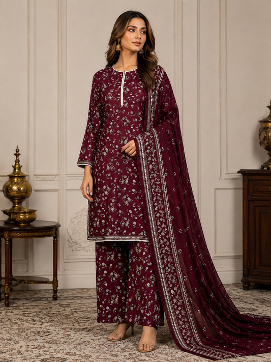 (102) Bin Saeed Elegant plum Lawn Suit Contrast Lace & Printed Dupatta trousers Ready to Wear