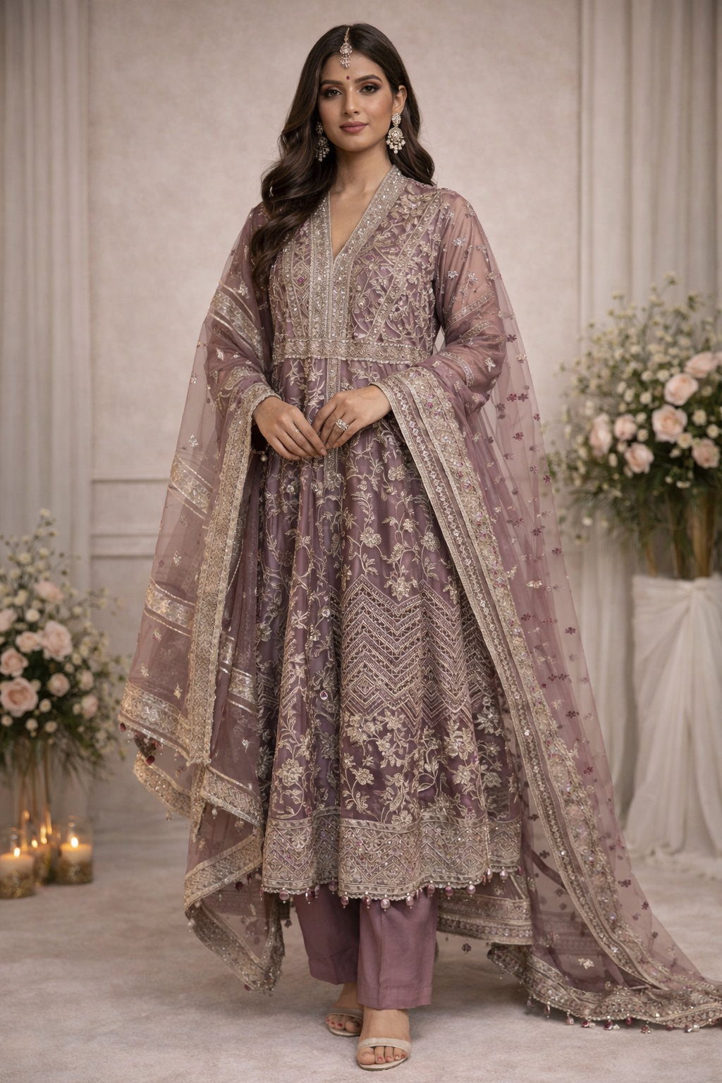 (261) Aadnan Libas Style Organza Anarkali | Pearl & Sequin Embroidery