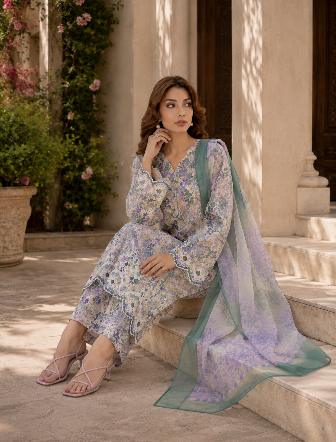 (183) Adan’s Libas Printed Lawn Suit | Lace Embroidery & Voile Dupatta