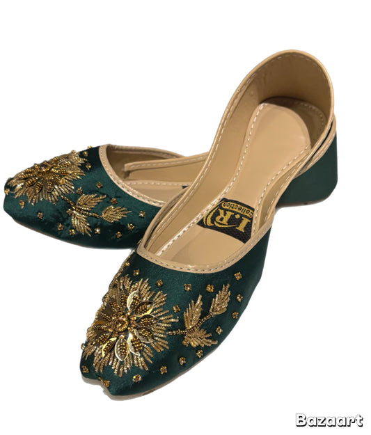 (S13) Handmade Satin Khusa – Gold Embroidered Punjabi Jutti with Soft Foam Comfort