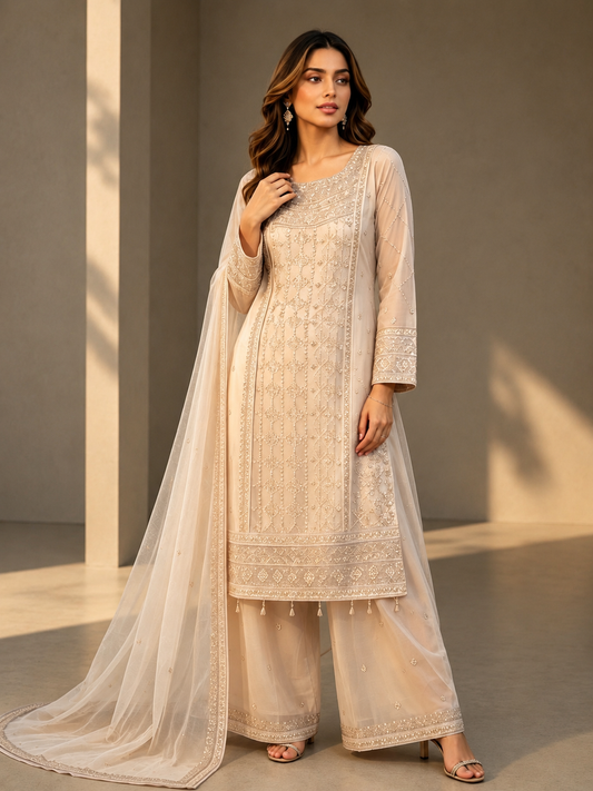 (148) elegant beige/gold embroidered chiffon fully lined detailed plazzo ready to wear