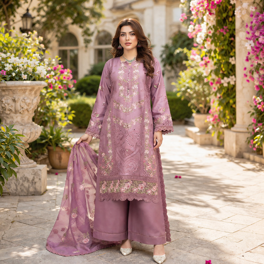 (157) Munira Premium Lawn Suit | Beaded Sequin Embroidery & Chiffon Dupatta