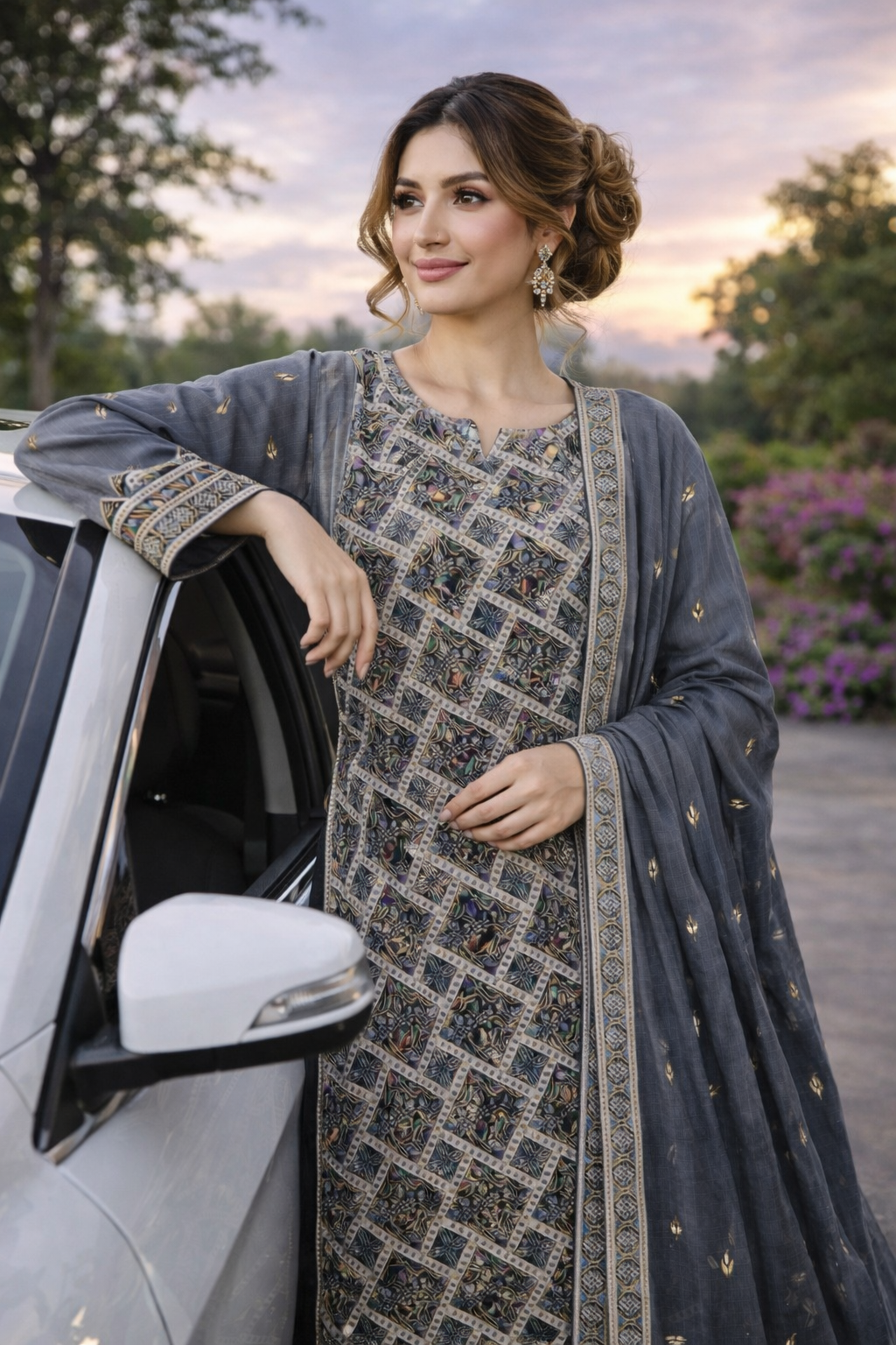 (355) Elegant grey fancy zari lawn suit, ready-to-wear, beautifully crafted with intricate detailing and paired with a four-sided (chaar patti) richly embroidered dupatta for a complete graceful look