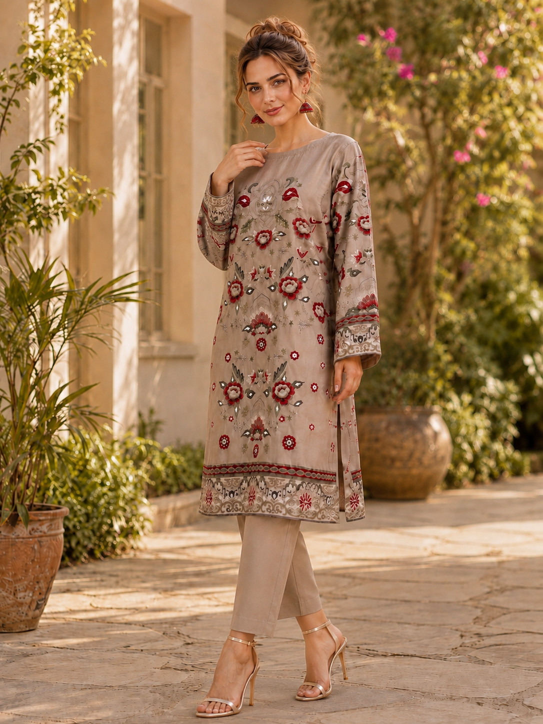 Tawakkal beige printed comfy two peice linen co ord set ready to wear