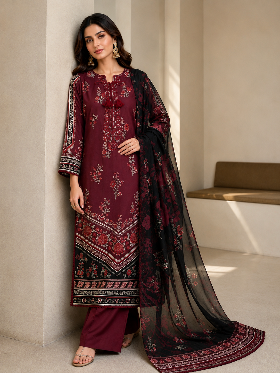 (24) Imrozia/serene dahlia elegant lawn kameez sequin floral thread embroidered neck tassel tie plazzo trousers contrast silk duppatta