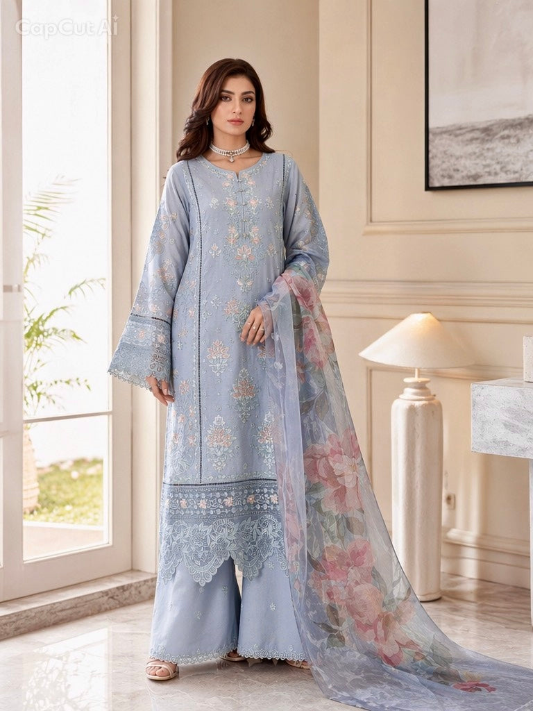 (27) Imrozia/serene viscose pastel floral lace embroidered pearl button plazzo khadi net dupatta ready to wear