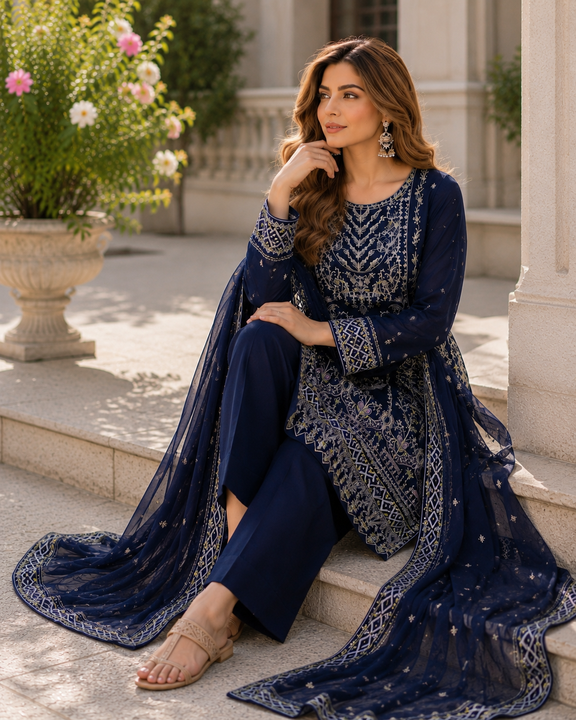 (14) Pakistani Chiffon Embroidered Sequin Suit Ready to Wear with Dupatta
