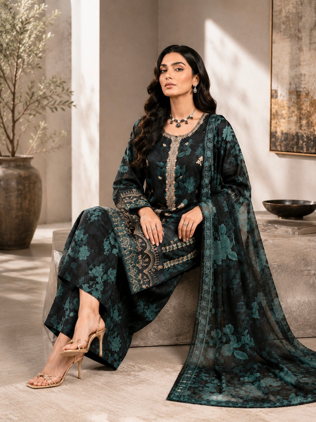 (213) Elegant Floral Lawn Suit | Gold Thread & Sequin Embroidery