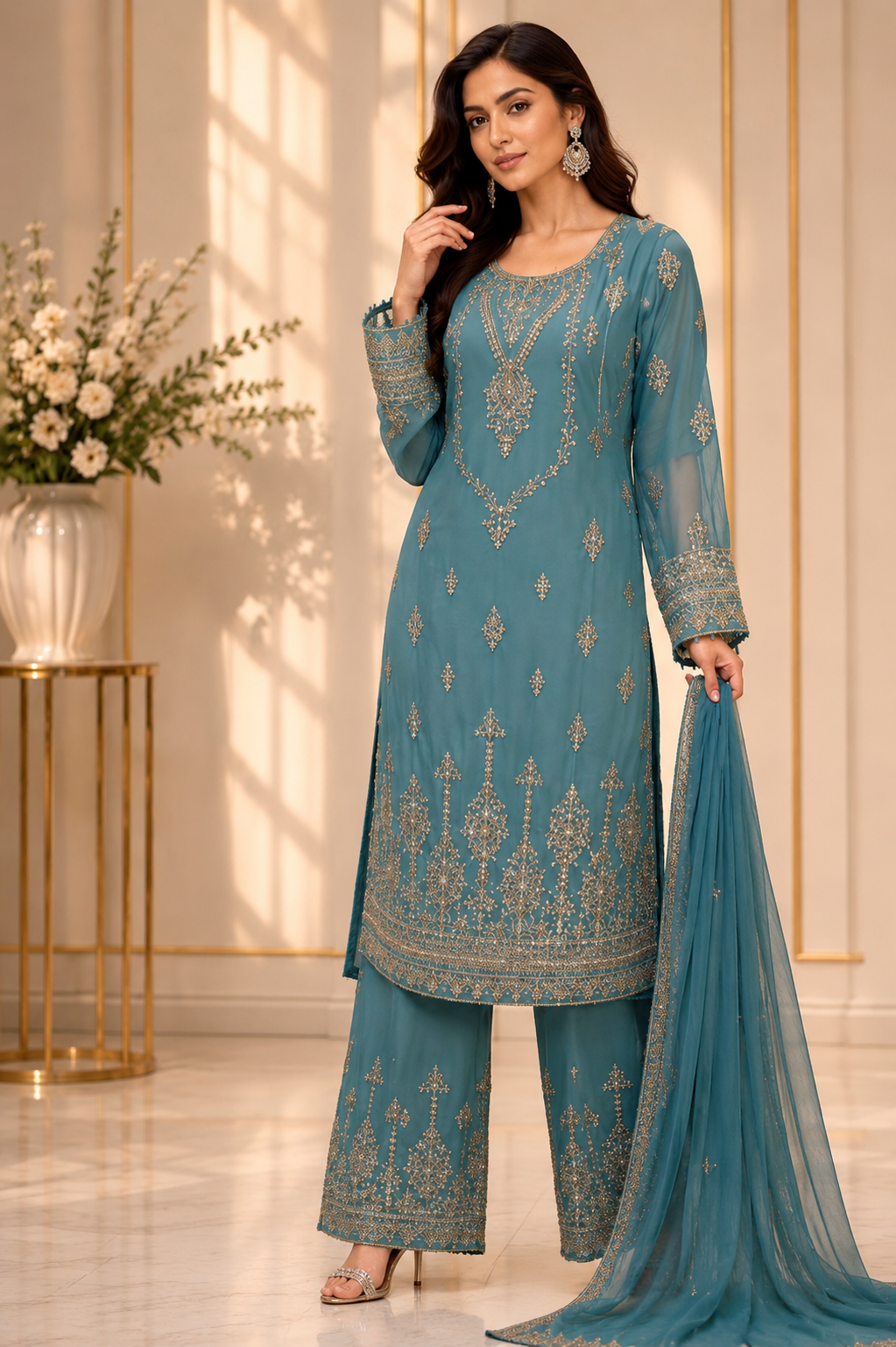 (285) Elegant Chiffon Palazzo Suit | Pearl & Diamante Gold Embroidery