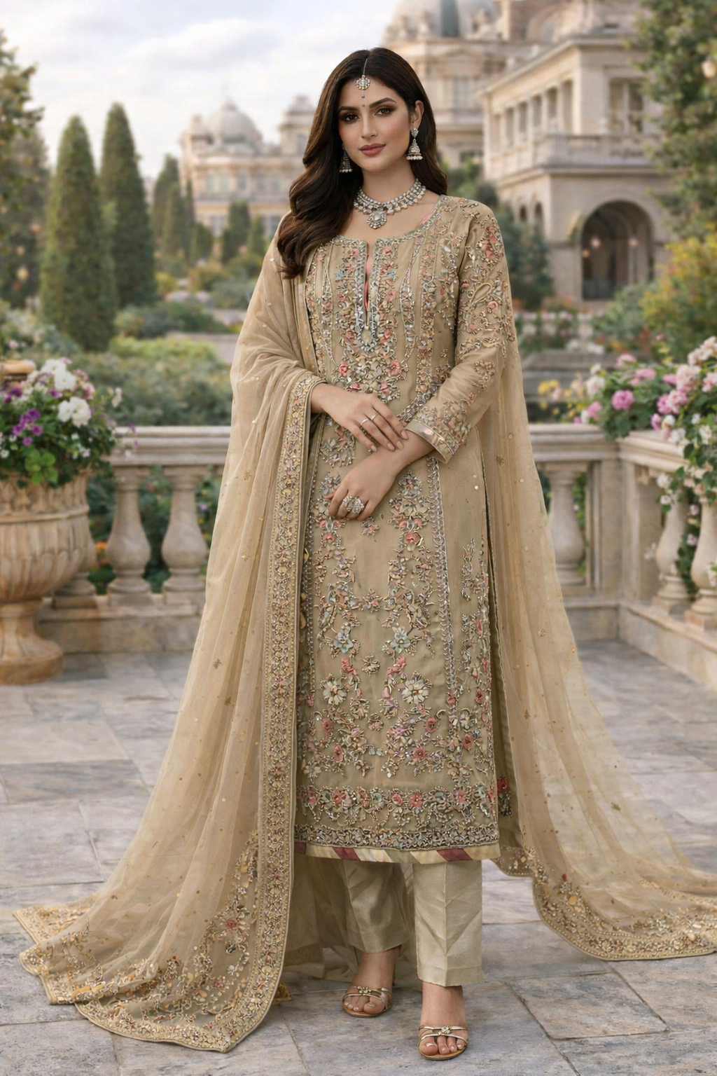 (219) Elegant Wedding Party Organza Hand-Embroidered 3-Piece Suit