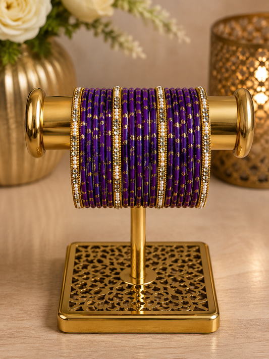 (B11) Elegant deep purple bangle set featuring delicate gold detailing and sparkling stone embellishments. A beautiful traditional design, perfect for weddings, Eid, parties and special occasions size 2.4