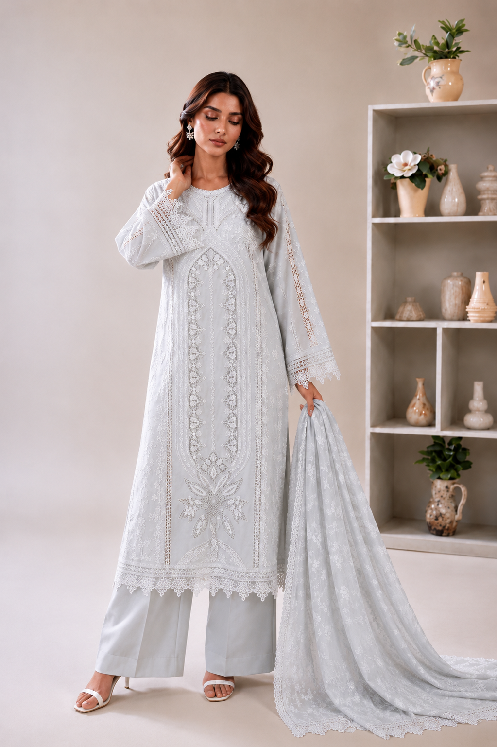 (180) Maria b inspired embroidered arabic lawn lace cutwork printed tissue silk dupatta ready to wear