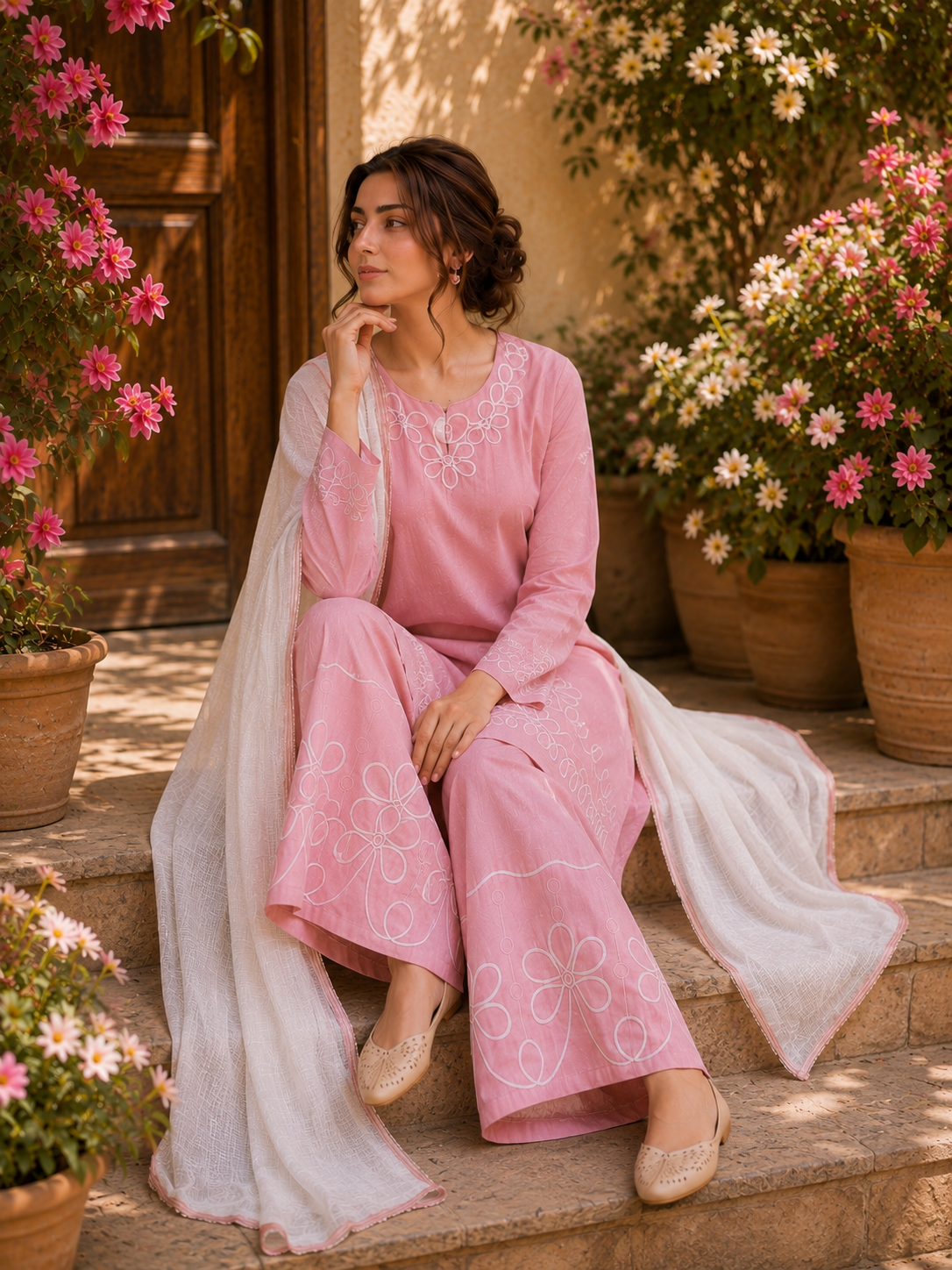 Elegant Linen lined pattern Suit
Crafted from breathable premium linen, this elegant ready-to-wear suit features beautiful white embroidery on the neckline, sleeves, kameez hem, and palazzo trousers.