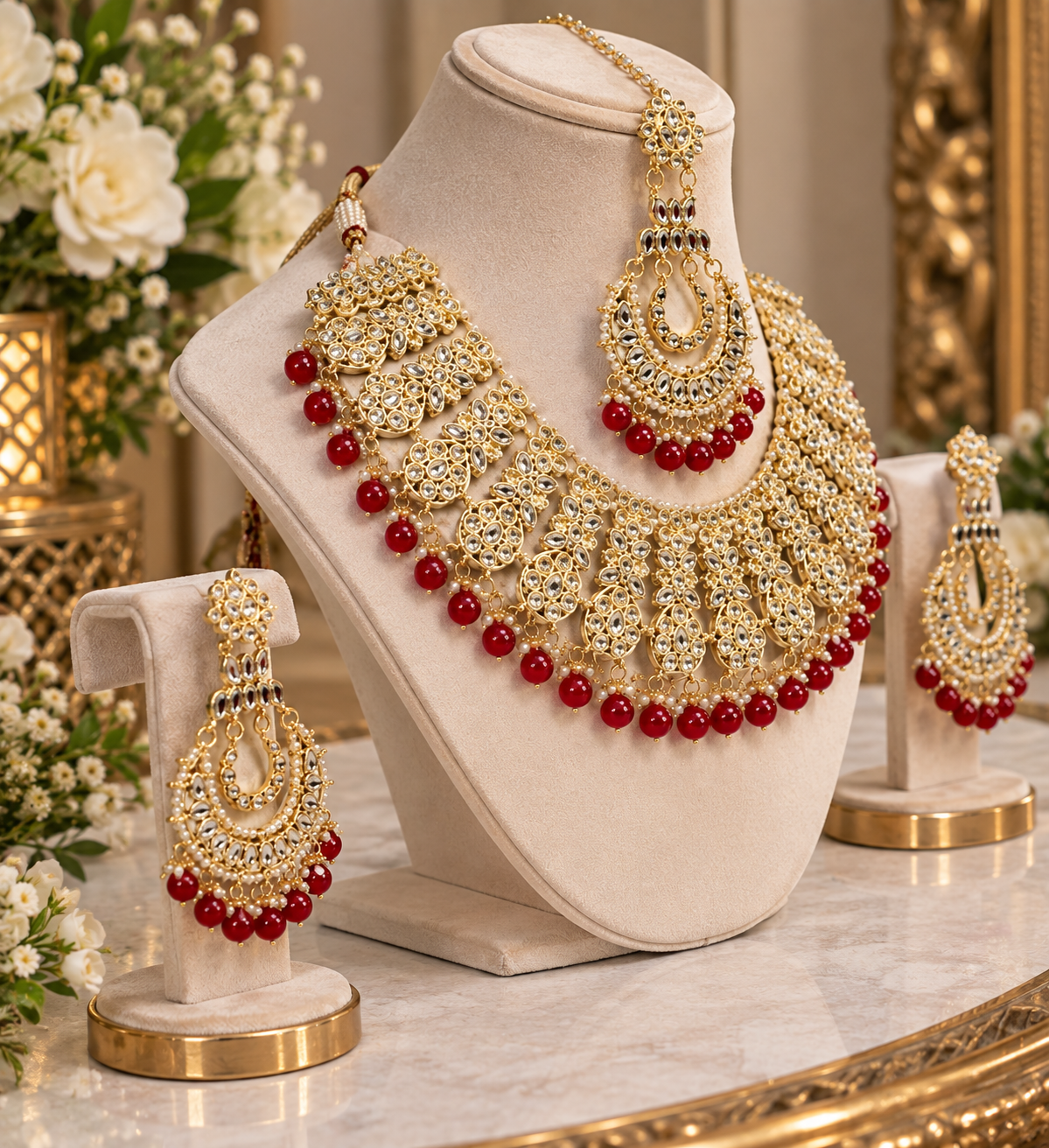 (J6) Pakistani elegant deep red silver diamonte jewelry set