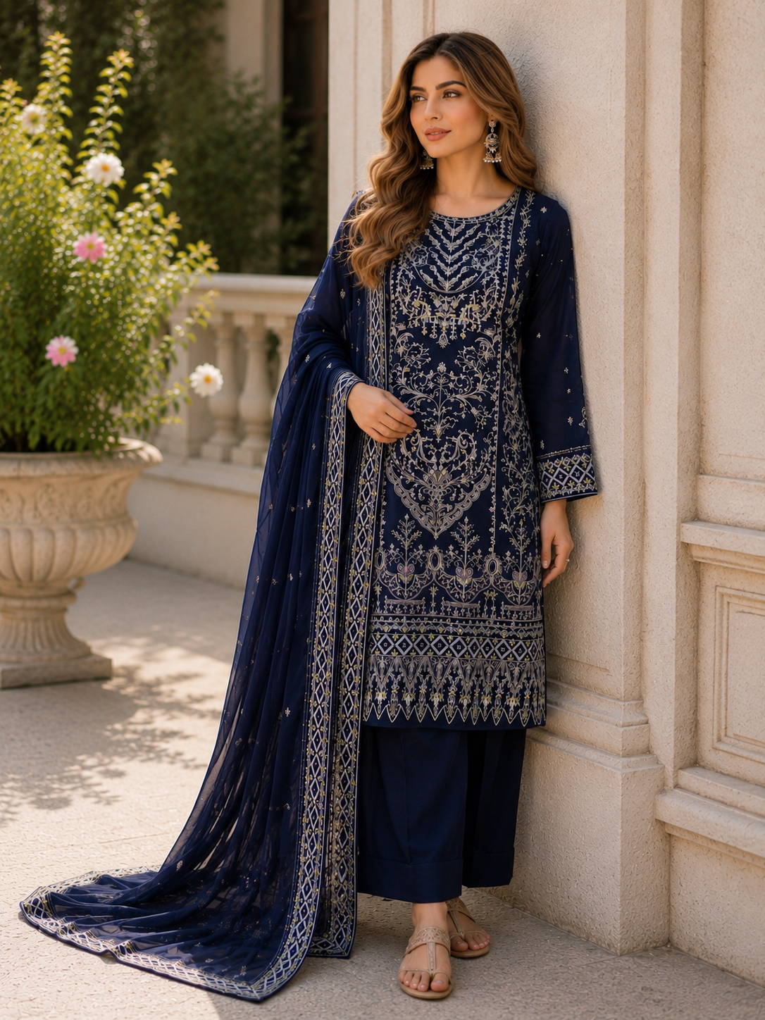(14) Pakistani Chiffon Embroidered Sequin Suit Ready to Wear with Dupatta