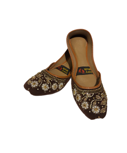 (S6) Handmade Suede Brown Khussa – Gold Embroidered Punjabi Jutti with Soft Foam & Non-Slip Sole