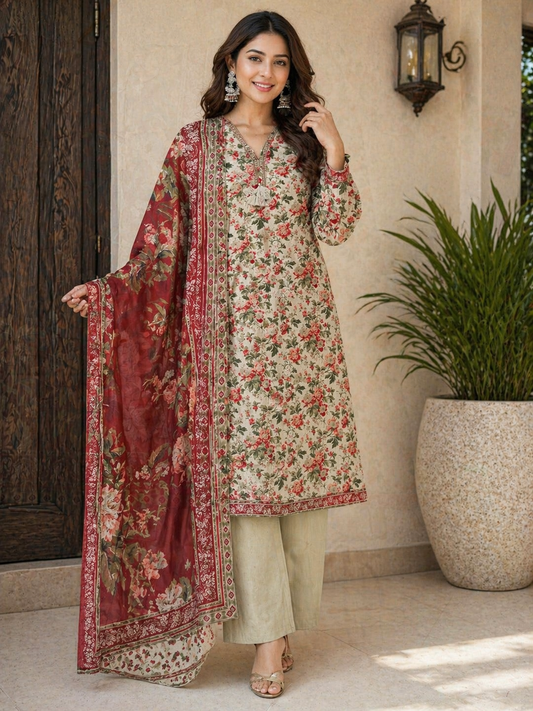 (119) Bin Saeed Lawn Suit | Floral Print | Contrast Dupatta Set