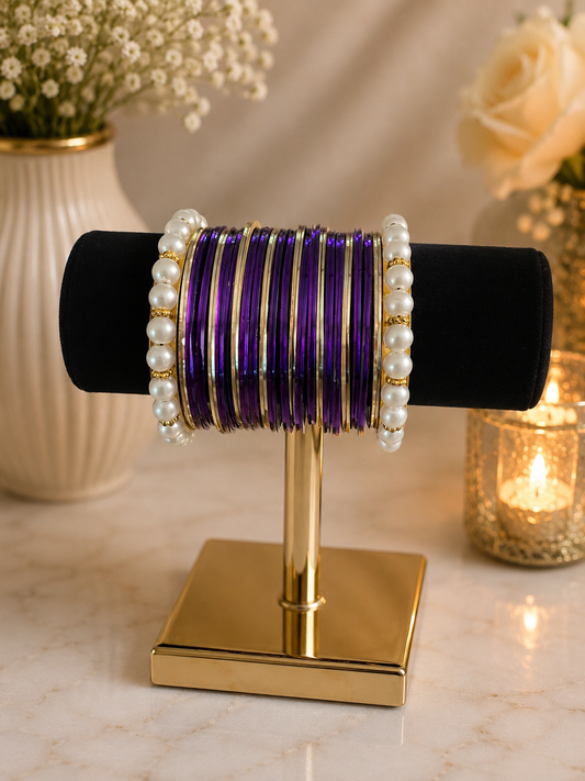 (B9) Elegant purple and gold bangle set featuring delicate pearl detailing for a luxurious finish. Perfect for weddings, Eid, parties and special occasions, adding a beautiful touch of traditional glamour to any outfit size 2.4