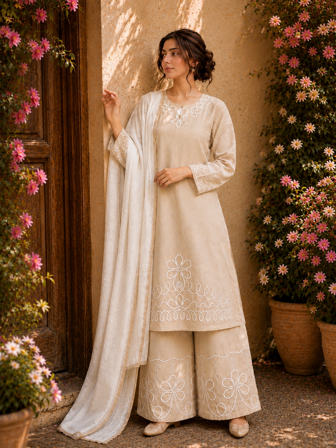Elegant Linen lined pattern detailed Suit
Crafted from breathable premium linen, this elegant ready-to-wear suit features beautiful white embroidery on the neckline, sleeves, kameez hem, and palazzo trousers.