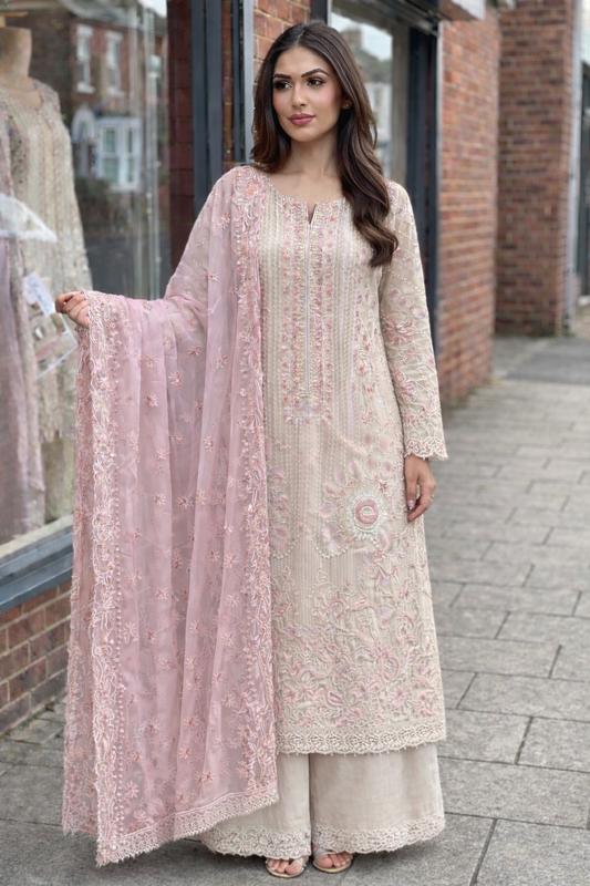 (302) Ramsha vol.27 Step into elegance with this stunning chiffon embroidered ready-made suit from Ramsha Collection Beautifully crafted with intricate embroidery, premium chiffon fabric