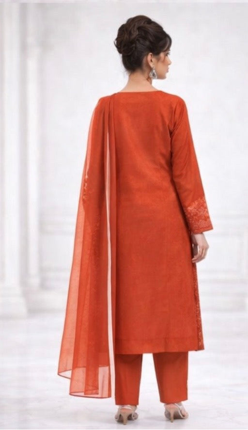 (354) Orange Chikankari Viscose Suit | Sequin Embroidery | Ready to Wear