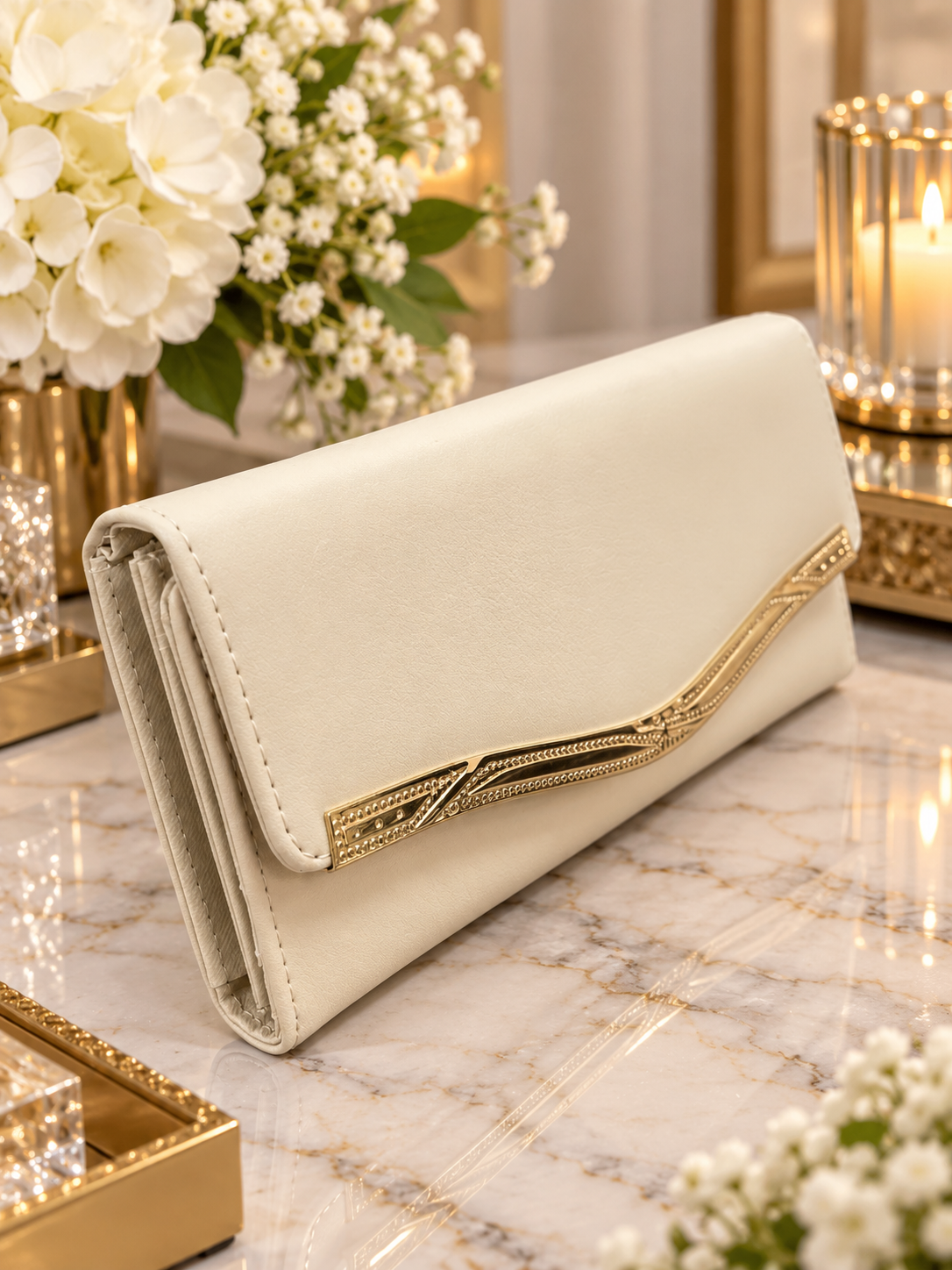 (354) Elegant cream purse with stylish gold detailing, multiple card slots, ID windows and a secure zipped compartment. Chic, spacious and perfect for everyday use