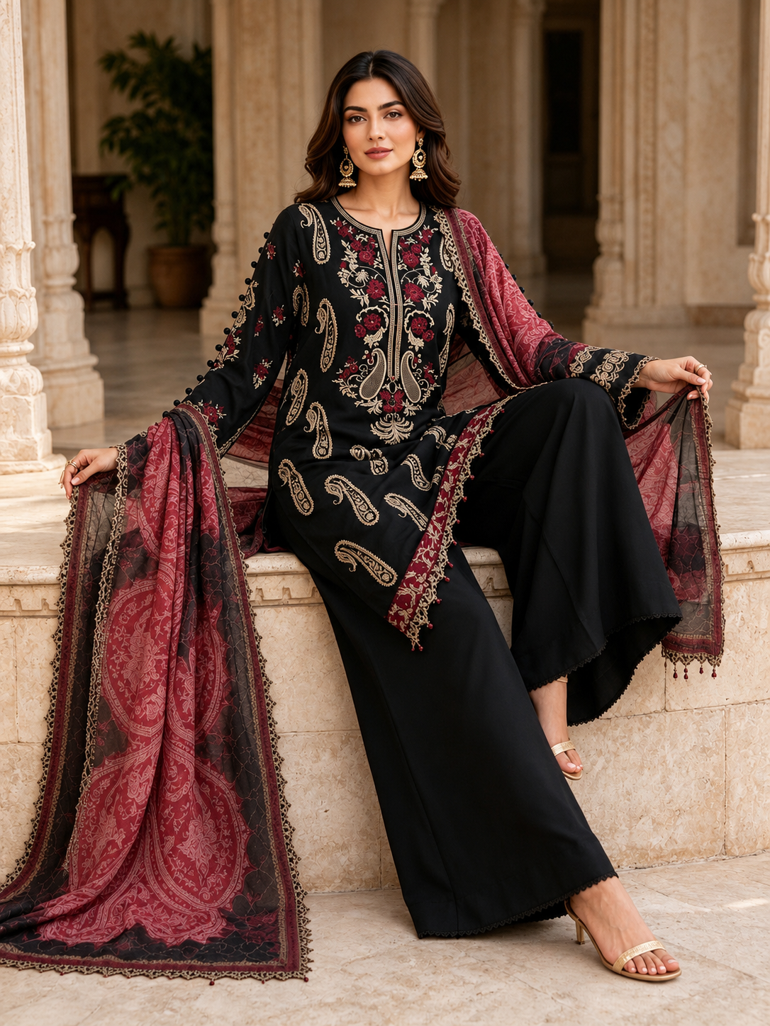 (4) Rangreza pret lawn beautifully thread embroidered lace trim contrast chiffon duppatta plazzo trousers pearl beaded cuff arms ready to wear
