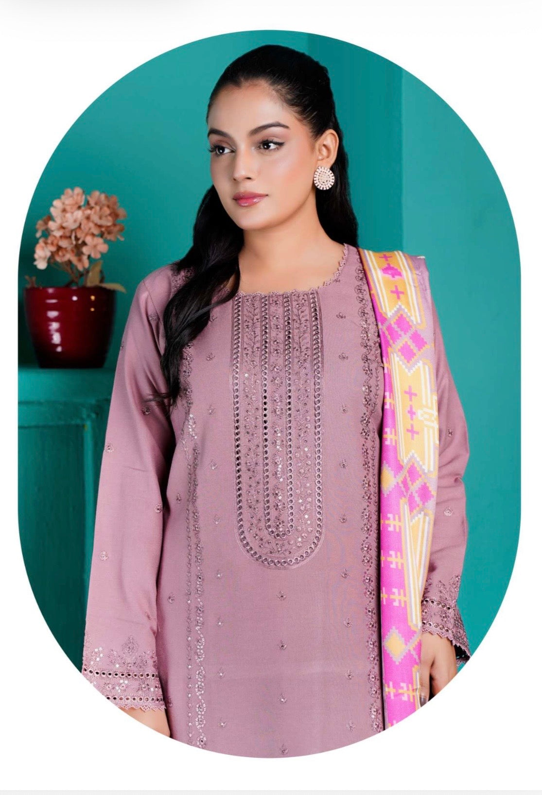 (167) Luxury Pakistani Dhanak Embroidered Suit & Digital Printed Shawl