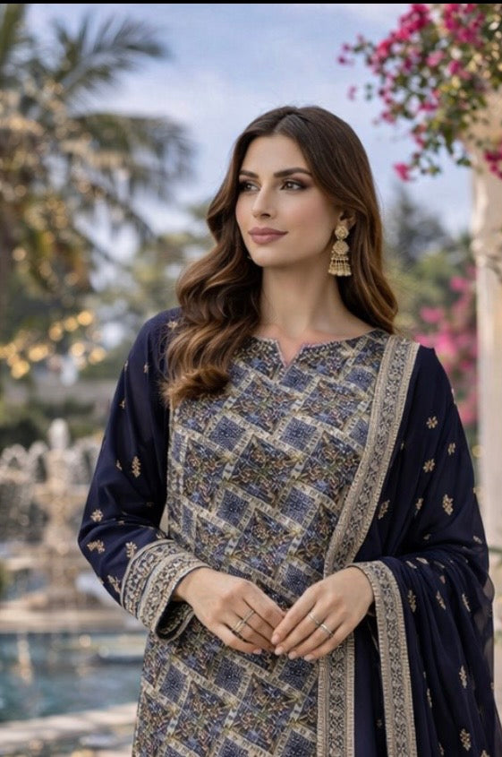 (359) Elegant navy blue fancy zari lawn suit, ready-to-wear, beautifully crafted with intricate detailing and paired with a four-sided (chaar patti) richly embroidered dupatta for a complete graceful look.