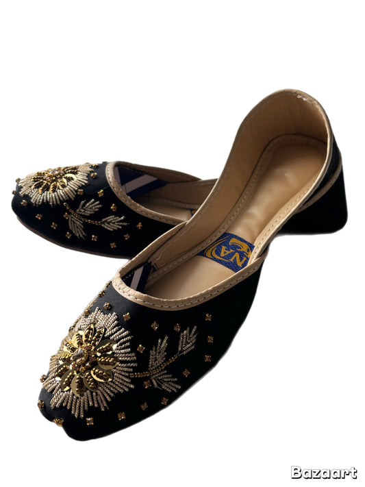 (S17) Handmade Satin Khusa – Gold Embroidered Punjabi Jutti with Soft Foam Comfort