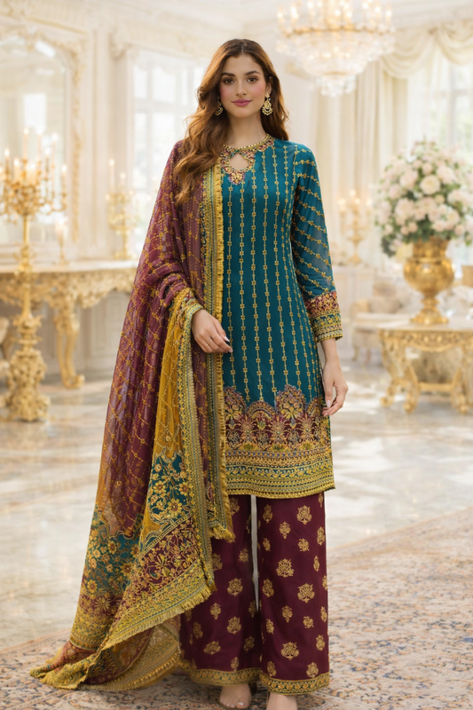 (224) Mehndi Contrast Gold Embroidered Chiffon Kameez with Viscose Palazzo