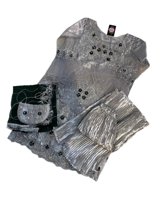 (32) Pakistani ready to dark green one size fits up to size large satin crinkle plazzo trousers diamanté sequin shirt