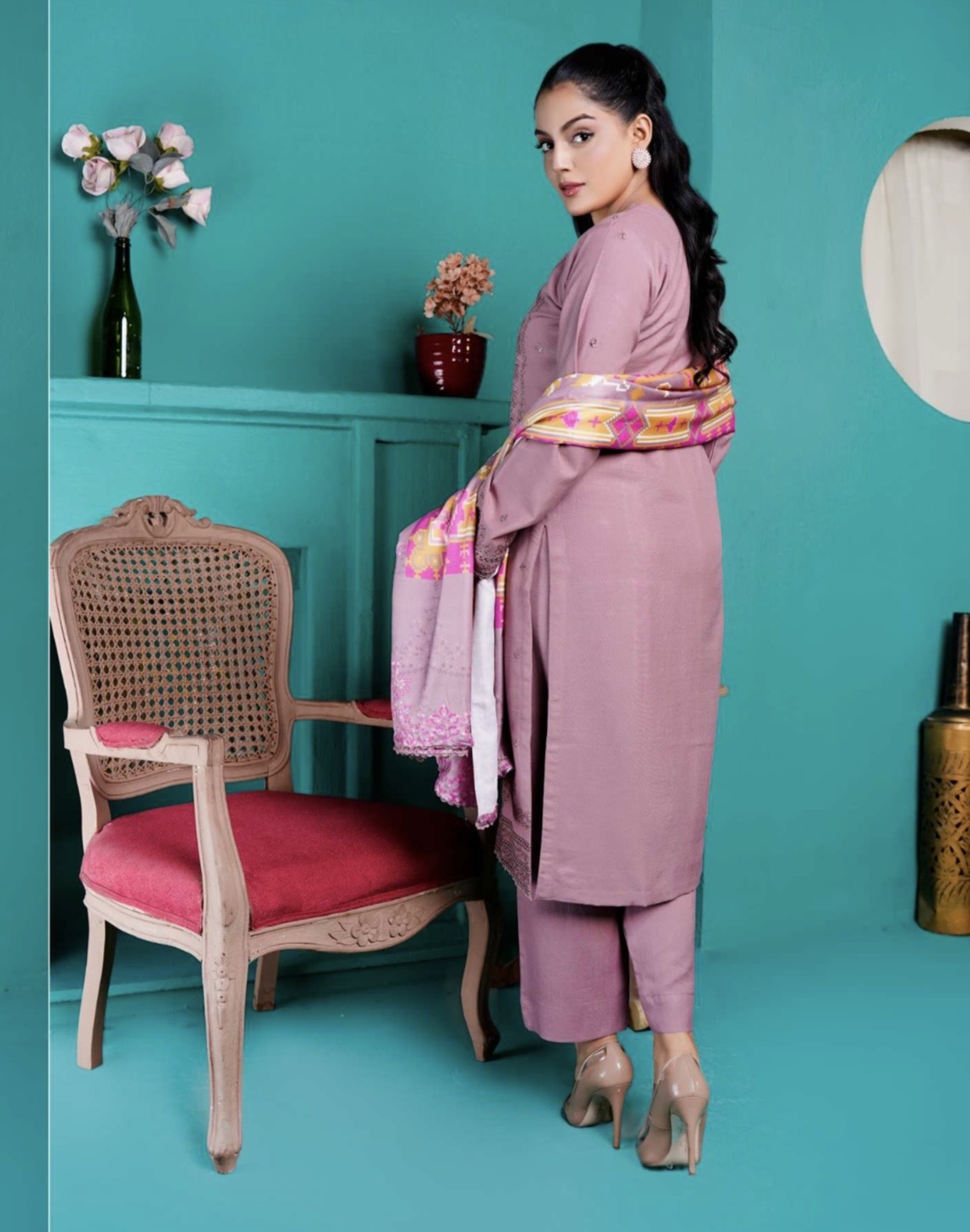 (167) Luxury Pakistani Dhanak Embroidered Suit & Digital Printed Shawl
