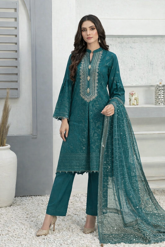 (201) Tawakkal Karandi Suit with Banarsi Organza Embroidered Dupatta