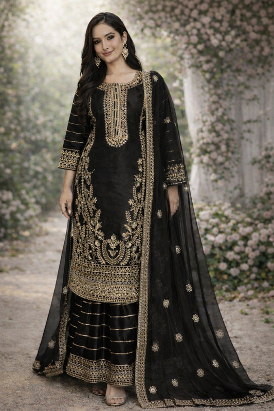 (274) Finely Embroidered Sheesha Silk Suit with Flared Gharara and Embroidered Organza Dupatta Ready to Wear