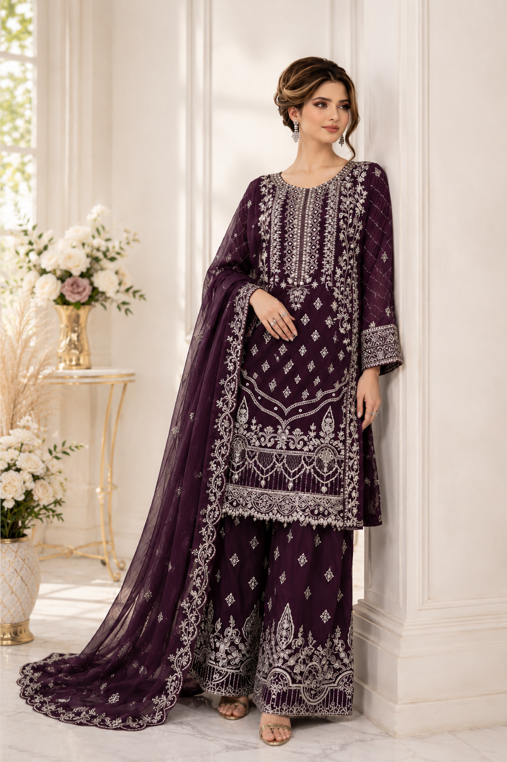 (51) Ramsha Chiffon plum Embellished Palazzo Set – Elegant Luxe Look