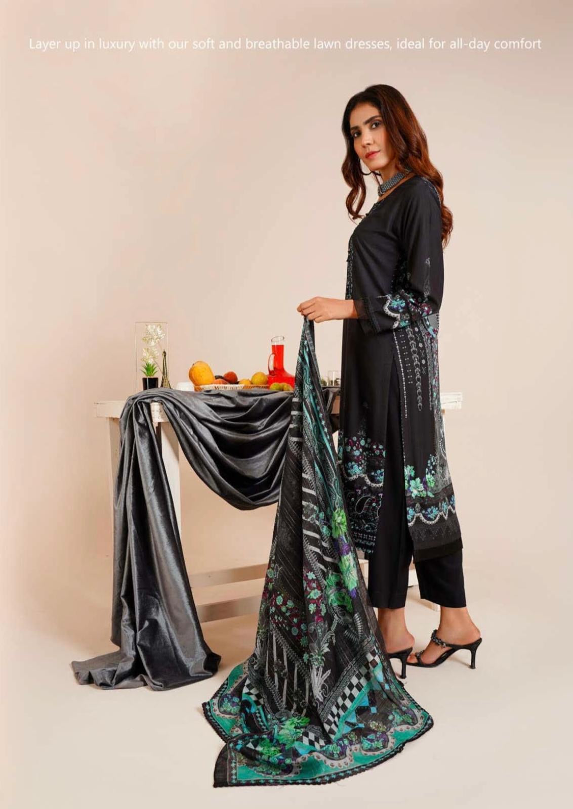 (239) Linen Pakistani Elegantly Embroidered Three-Piece Ready Made Suit