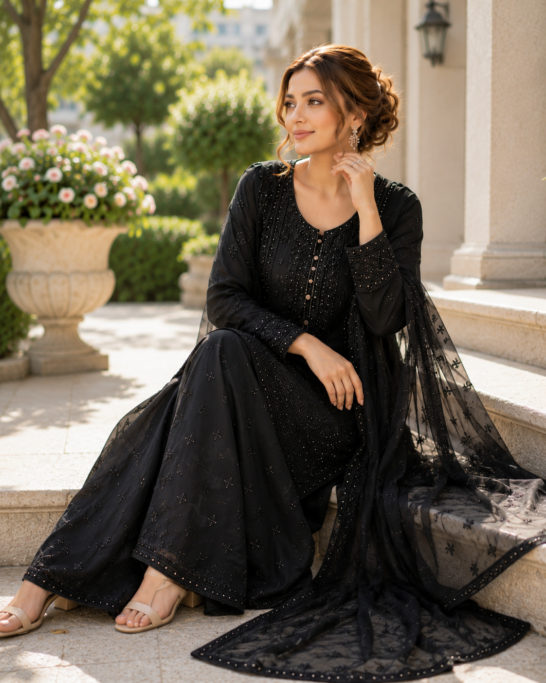 (237) Elegant Black Chiffon Suit | Mirror, Bead & Sequin Embroidery