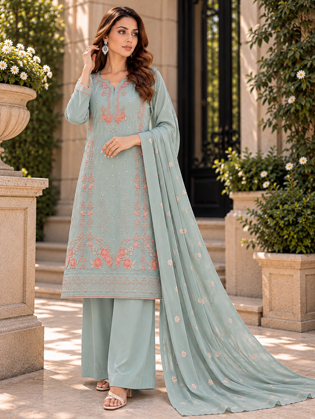 (359) Abeeha light green Viscose Floral Embroidered Suit 
A beautiful blend of comfort and elegance, soft viscose kameez with delicate floral embroidery, paired with a stunning Bamber dupatta