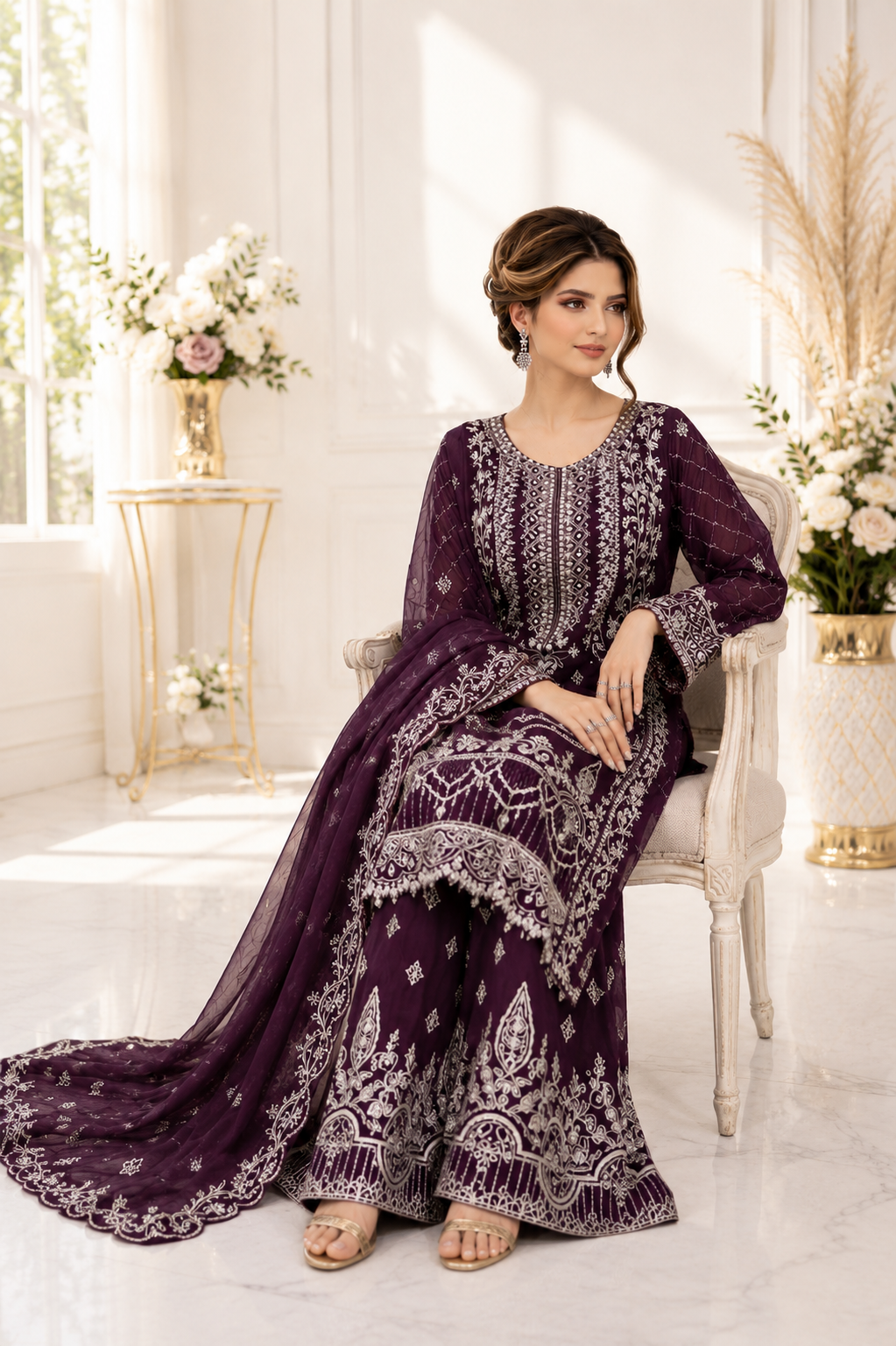 (51) Ramsha Chiffon plum Embellished Palazzo Set – Elegant Luxe Look