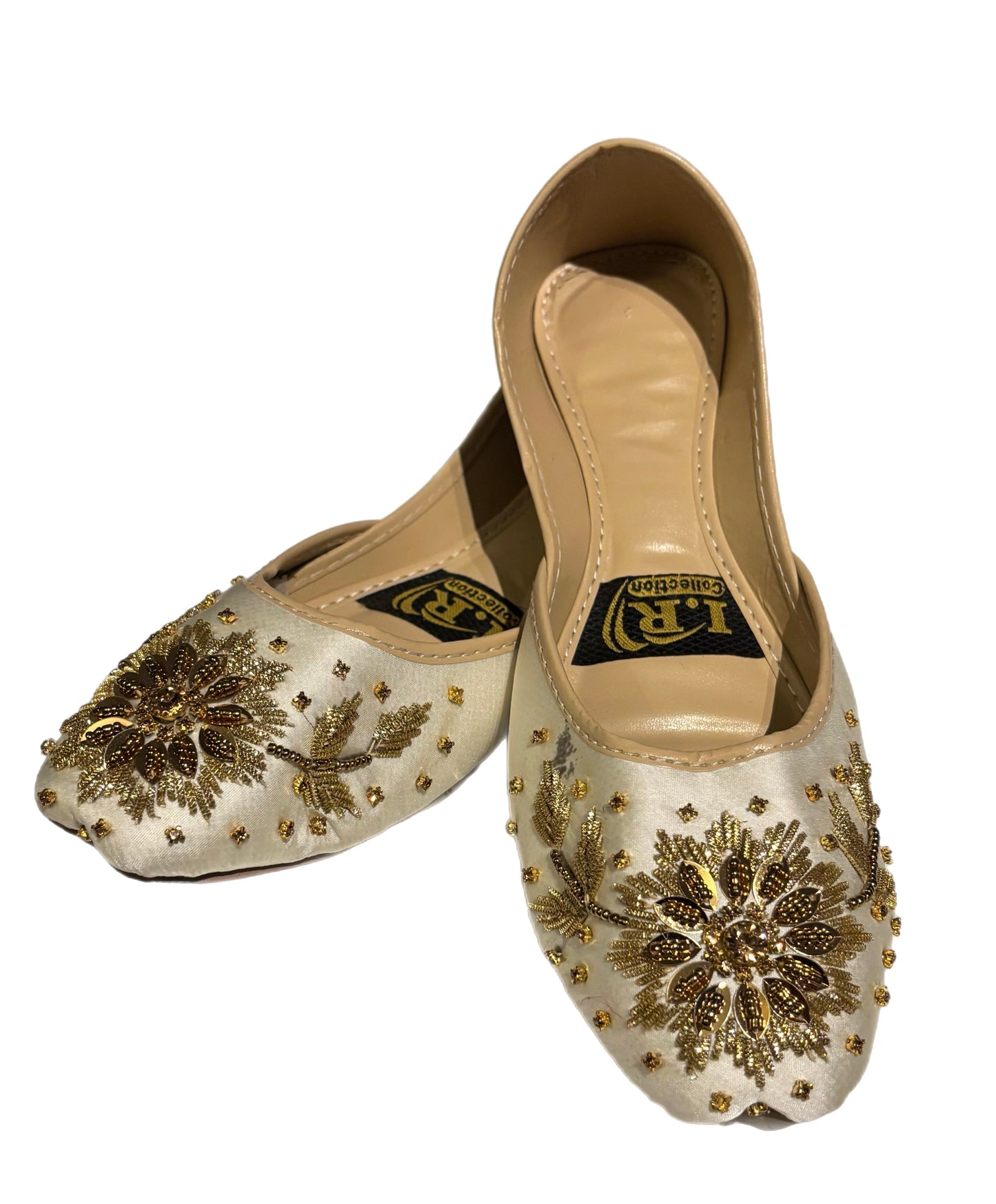 (S15) Handmade Satin Khusa – Gold Embroidered Punjabi Jutti with Soft Foam Comfort