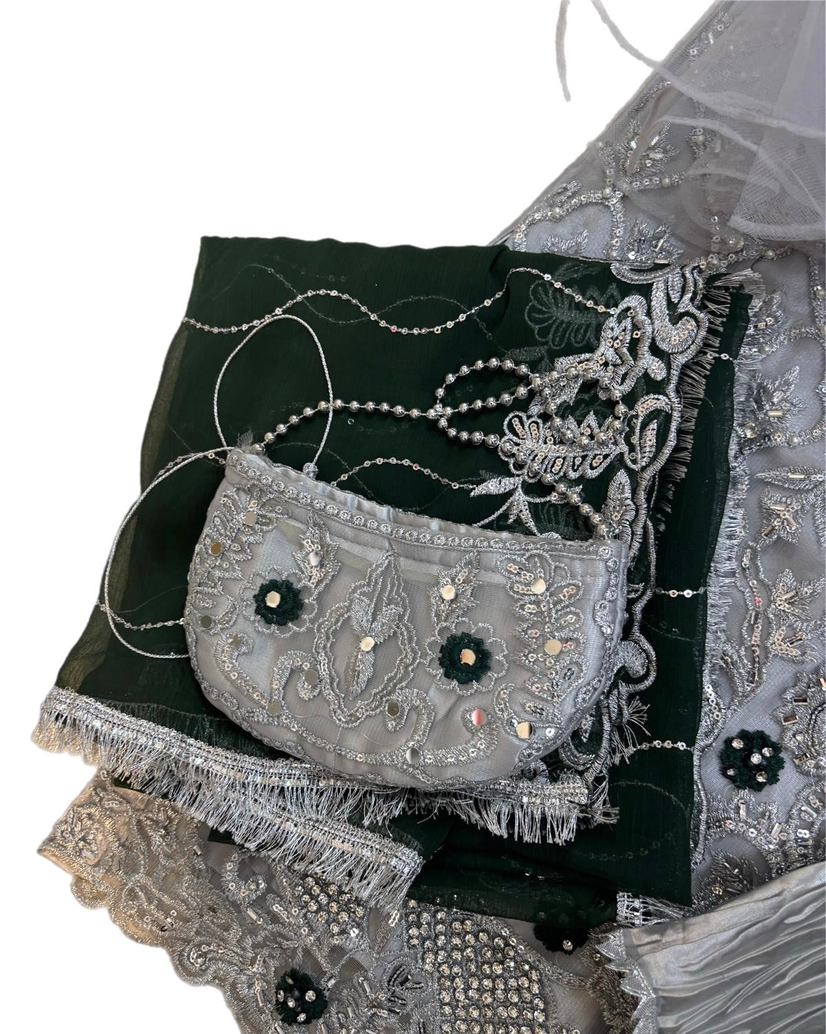 (32) Pakistani ready to dark green one size fits up to size large satin crinkle plazzo trousers diamanté sequin shirt