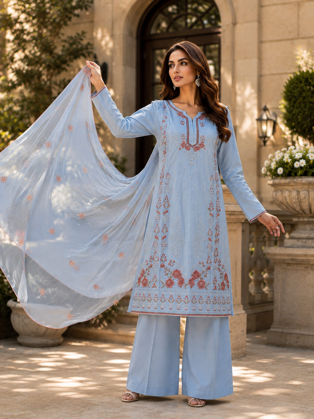 (357) Abeeha light blue suit features a soft, comfortable viscose kameez beautifully finished with delicate floral embroidery. Paired with coordinating trousers and a stunning lightweight Bamber dupatta, it’s the perfect