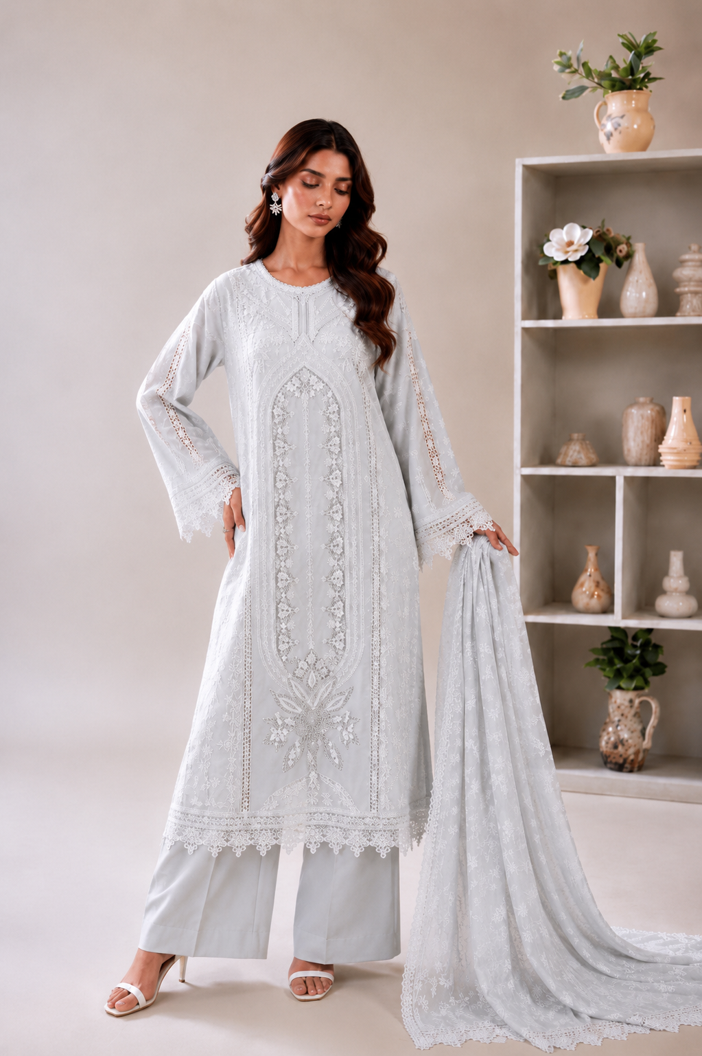 (180) Maria b inspired embroidered arabic lawn lace cutwork printed tissue silk dupatta ready to wear