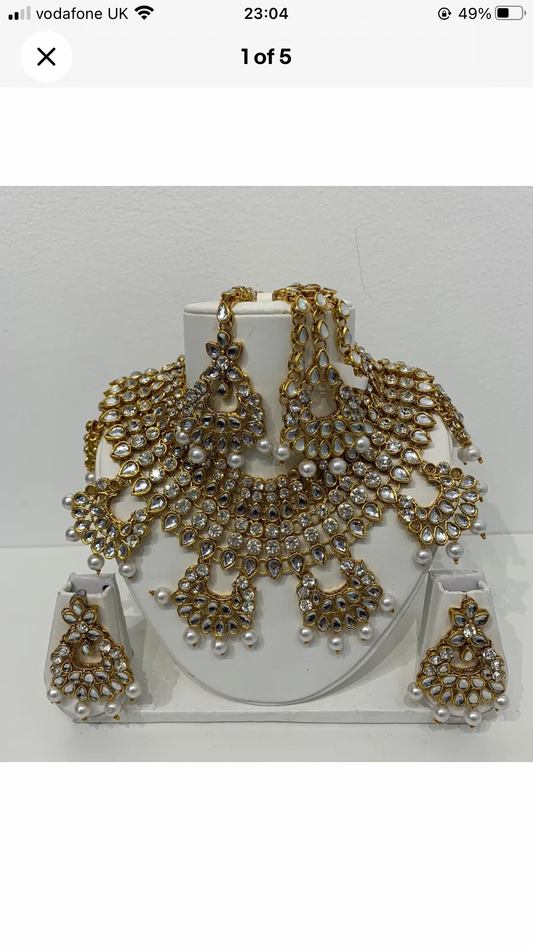 Pakistani gold wedding party tikka jummar stone beaded mirror set