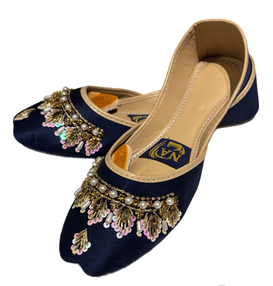 (S10) Handmade Satin Khusa – Gold Embroidered Punjabi Jutti with Soft Foam Comfort