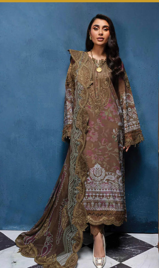 (164) Elegant Original Nureh Gardenia Printed Slub Linen Suit with Chiffon Dupatta
