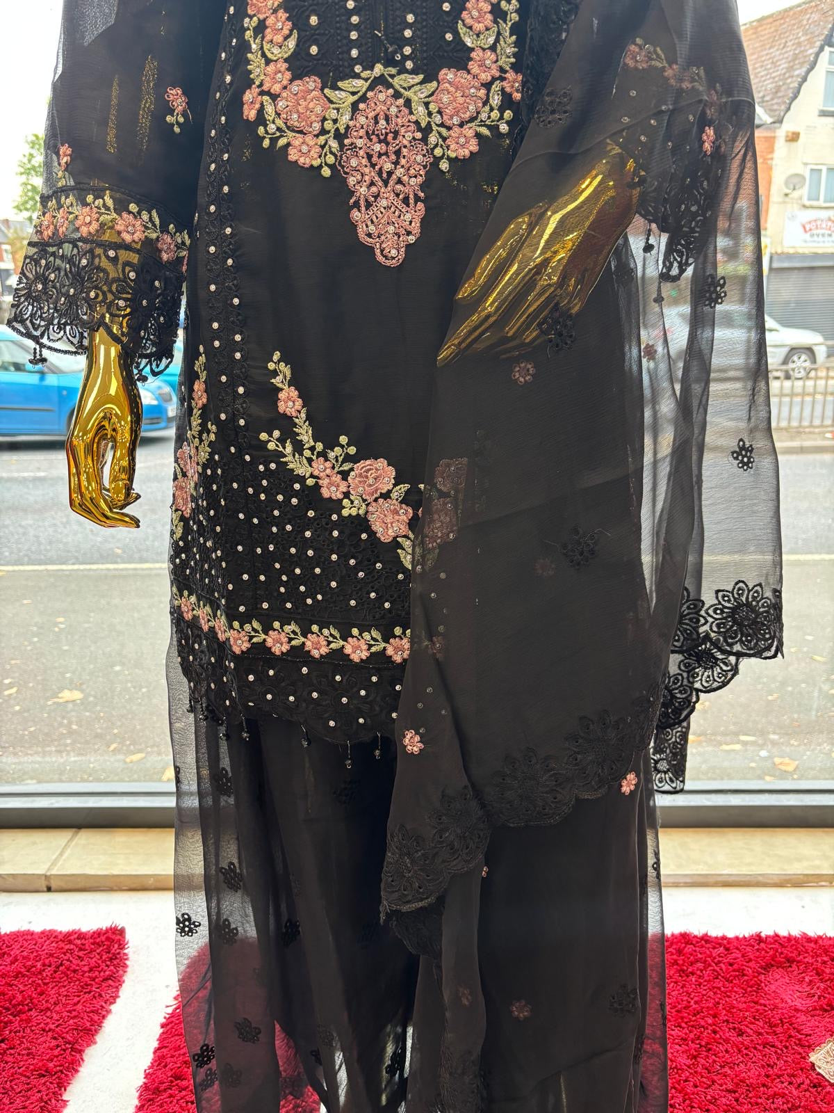 (09) Pakistani occasional embroidered diamonte chiffon ready to wear suit